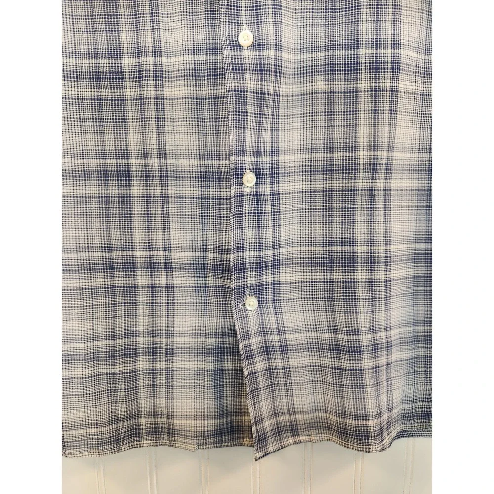 Banana Republic Mens L‎ Slim Fit Short Sleeve Plaid Button Down Shirt Blue Sheer